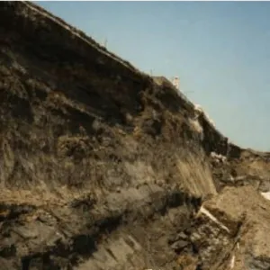 Scarp on the upstream face of Carsington Dam after its failure, 1984.