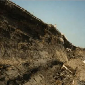 Scarp on the upstream face of Carsington Dam after its failure, 1984.