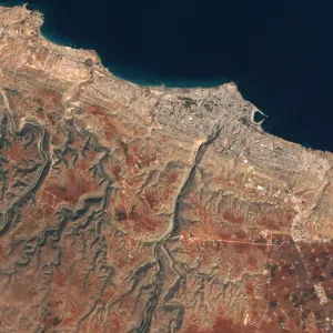 Aerial view of Derna and the Wadi Derna valley before the dam breaches, August 2023.
