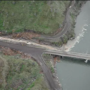 Runout timber debris at end of Rattlesnake Creek Canyon near State Highway 129 crossing of Grande Ronde River as of April 13, 2017. 