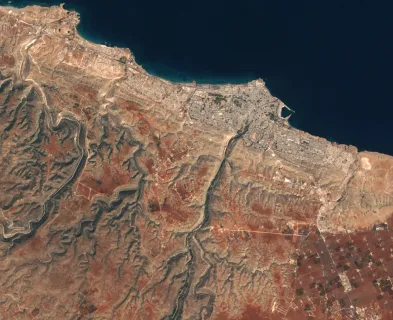 Aerial view of Derna and the Wadi Derna valley before the dam breaches, August 2023.