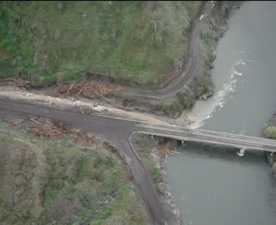 Runout timber debris at end of Rattlesnake Creek Canyon near State Highway 129 crossing of Grande Ronde River as of April 13, 2017. 