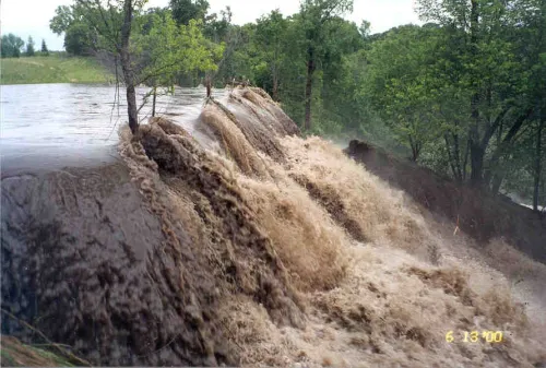 Trees along embankment crest create concentrated flow that can cause erosion of grass and soils surrounding them during overtopping of dam.