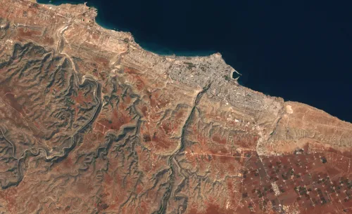 Aerial view of Derna and the Wadi Derna valley before the dam breaches, August 2023.