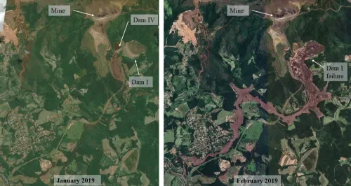 Aerial views the breach zone downstream of the Córrego do Feijão Dam B-1 in January 2019 