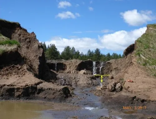 View of breach Bonasa Dam, looking upstream, on May 3, 2017. 