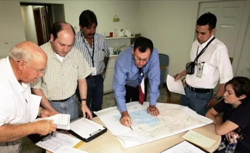 Exercise attendees collaboratively look at impacts to downstream communities. 